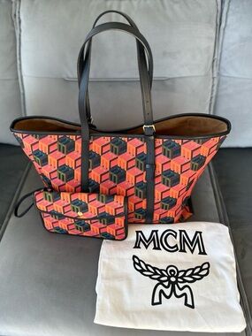 MCM Cubic Logo Shopper Orange Geometric Canvas Tote with Black Leather Straps
